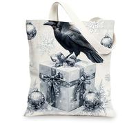 Christmas Crow Ravens Bird Canvas Tote Bag for Shopping 13 * 15, Luxury Xmas Gifts Box Reusable Grocery Bag for Women, Winter Travel Painting Gift Decoration