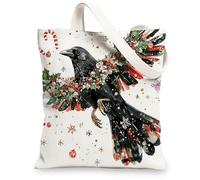 Christmas Crow Ravens Bird Canvas Tote Bag for Shopping 13 * 15, Xmas Balls Snowflakes Reusable Grocery Bag for Women, Winter Travel Painting Gift Decoration