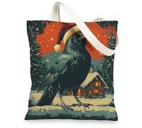 Christmas Crow Ravens Bird Canvas Tote Bag for Shopping 13 * 15, Xmas Snowy Forest Reusable Grocery Bag for Women, Winter Work Travel Painting Gift Decor