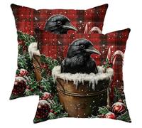 Christmas Crow Ravens Bird Throw Pillow Covers 14x14 Set of 2, Soft Farmhouse Plaid Xmas Pillow Cases Kit with Zipper, Winter Velvet Home Decor for Couch Sofa Living Room Bed