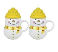 Christmas Cup Snowman Ceramic Coffee Mug with Lid Hot Cold Drink Festive Ornament Tableware Teacup (2X Yellow)