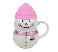 Christmas Cup Snowman Ceramic Coffee Mug with Lid Hot Cold Drink Festive Ornament Tableware Teacup (Pink)