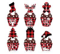 Christmas Cupcake Toppers and Wrappers, 24Pack Buffalo Plaid Reindeer Gingerbread Snowmen Trees Print Black & Red Xmas Cupcake Decoration for Christmas Theme Party Birthday Holiday Party Supplies