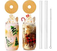 Christmas Cups, 18oz Christmas Coffee Mugs Beer Can Glass with Lid and Straw Colorful Xmas Tree Elk Tumbler Drinking Glasses Glassware Drinkware Cookie Jar Home Decoration Gifts for Women Kids Men