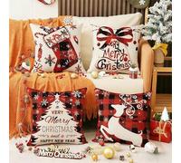 Christmas Cushion Cover 45 x 45,4 Pack Red Black Christmas Pillowcase with Xmas Linen Cushion Covers,Socks Deer and Tree,Throw Pillow Cover for Home,Xmas Decoration,Living Room