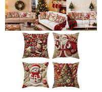 Christmas Cushion Covers 45 X 45 cm Set of 4, Christmas Decorations Snowman Santa Elk Trees Winter Holiday Cushion Case Decor for Sofa Couch Living Room Home Decor (Red)