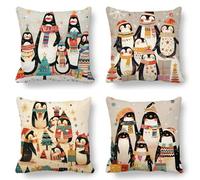 Christmas Cushion Covers 45x45 cm Pack of 4, Penguin Cushions Double Sided Print, Soft Hypoallergenic Outdoor Garden Cushions Waterproof Square Velvet Cushion Covers, Decorative Pillows for Sofa K-782