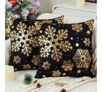Christmas Cushion Covers Black 40 x 40 cm Cushion Covers with Gold Snowflake Christmas Sofa Cushions Velvet Pillows Decorations for Living room, Couch, Winter, Holiday, Xmas Set of 2