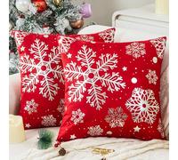 Christmas Cushion Covers Red 40 x 40 cm Cushion Covers with Silver Snowflake Christmas Sofa Cushions Velvet Pillows Decorations for Living room, Couch, Winter, Holiday, Xmas Set of 2