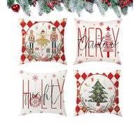 Christmas Cushion Covers Set - 4 Pack Red Xmas Pillow Cases Merry Christmas Pillowcovers Cotton Linen Square Decorative Pillows Cases for Indoor Sofa Bedroom Chair Living Room Home