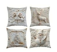 Christmas Cushion Covers Set, 4 Pcs Luxury Xmas Style Pillow Cover,3D Printing Christmas Pillow Covers, Soft Comfortable Xmas Tree Santa Reindeer Snowman Pillows Cases (45 * 45cm)