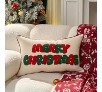 Christmas Cushion Covers Set of 2-45x45cm Embroidered 'MERRY CHRISTMAS' in Soft Faux Fur, Red & Green Festive Pillow Covers for Living Room, Luxury Xmas Throw Pillow Cases
