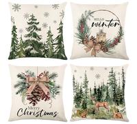 Christmas Cushion Covers Set Of 4, Green Cushion Covers Vintage Christmas Decorations Indoor, 45 x 45cm Xmas Pillow Cases with Xmas Tree Elk Pine Cones Pattern, Xmas Decor for Bedroom Living Room