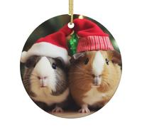 christmas cute guinea pigs Printed Christmas Tree Ceramic Hanging Ornaments with Hanging Strings, Round-Shape Ceramic Wall Hanging Xmas Tree Decorations
