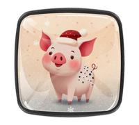 Christmas Cute Pig 4 Pack Square Knobs, Black Kitchen Cabinet Knobs, Single Hole Drawer Handle Pulls for Drawer Closet Dresser Cupboard Wardrobe Door