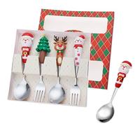 Christmas Cutlery Set 4PCS Spoon and Fork Set Xmas Serving Spoon Xmas Tableware Forks Coffee Ice Cream Dessert Stirring Teaspoons, Gifts for Women Mum, Christmas Cracker Fillers (Silver Red)