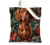 Christmas Dachshund Dog Canvas Tote Bag for Shopping 13x15, Xmas Candy Poinsettia Puppy Reusable Grocery Print Bag for Women, Holiday Pet Beach Aesthetic Painting Gift Decor