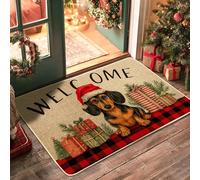 Christmas Dachshund Doormat, Red Santa Dog Mat for Holiday Indoor & Outdoor Entrance Rustic Decor, Non-Slip Waterproof Dust Absorbent Welcome Mats, Easy Care 29x17 Inch