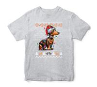 Christmas Dachshund Fairisle Kids T Shirt Funny Sausage Dog Santa Lights Tee Xmas Boy Girl Top, 9-11 Years, Sport Grey