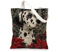 Christmas Dalmatian Dog Canvas Tote Bag for Shopping 13x15, Knitting Winter Puppy Reusable Grocery Print Pattern Bag for Women, Pet New Year Aesthetic Painting Gift Decoration