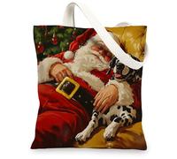 Christmas Dalmatian Dog Canvas Tote Bag for Shopping 13x15, Xmas Santa Puppy Reusable Grocery Print Pattern Bag for Women, Pet New Year Aesthetic Painting Gift Decor