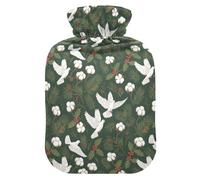 Christmas Dark Green White Dove Holly Hot Water Bottle with Soft Cover, 1L Hot Compress for Arthritis