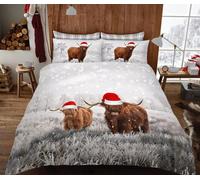 Christmas Day Duvet Cover Double - 110g Microfiber Bedding Double Bed Set Highland Cow Reversible Patterned Quilt Cover Set 3 Pcs with Zipper Closure and 2 Pillowcases 50x75, Soft Easy Care