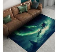 Christmas Decor 80x150cm Area Rug Santa Sleigh Reindeers Under Green Aurora Design Soft Low Pile Carpet for Living Room Bedroom Classroom