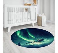 Christmas Decor Round Rug Santa Sleigh Reindeers Under Green Aurora Design Soft Low Pile Carpet for Living Room Bedroom Classroom 160cm
