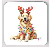 Christmas Decorated Golden Retriever Picture Coasters, Secret Santa Xmas Dog Image Coasters