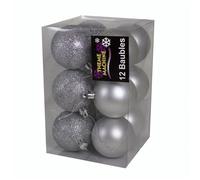Christmas Decoration 12 Pack 60mm Glitter / Plain Baubles - Silver