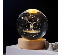 Christmas Decoration 3D Crystal Ball with LED Light, Snow Globe Night Light Christmas Decoration with Wooden Base, USB Laser Etched Ball Lamp, Christmas Glass Ball Decoration for Home Gift (Fx 8 cm)