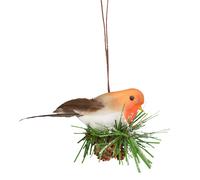 Theme Machine Christmas Decoration 8cm Robin on Snowy Pine with Feathers