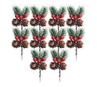 Christmas Decoration Picks - Pack of 10 Artificial Pine Branches with Red Pine Cones | Miniature Green Stems for Flower Arrangements, Wreaths and Centerpieces | Ideal for Gift Boxes, Cards and