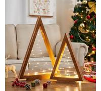 Christmas Decorations-2PCS Light Up Wooden Christmas Tree- Triangle Tabletop Holiday Tree with Light for Farmhouse Home Kitchen Table Mantle Shelf Party Decor