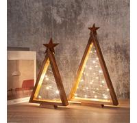 Christmas Decorations, 2pcs Wooden Christmas Tree with LED Lights, Modern Triangle Farmhouse Tabletop Xmas Indoor Rustic Décor for Table Fireplace Mantle Shelf