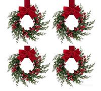 Christmas Decorations Artificial Wreaths for Front Door,10 Inch Christmas Kitchen Decor Small Wreath with Artificial Red Berries and Ribbon Bow,Mini Xmas Reef for Cabinets Window Wall (4PCS)