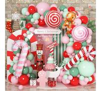 Christmas Decorations Balloon Arch Garland Kit, Xmas Pink Green Red White Merry Christmas Balloons with Gingerbread Man Candy Cane Foil Balloons for New Year Winter Holiday Christmas Party Decorations