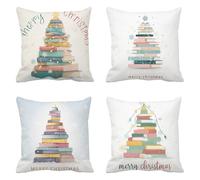 Christmas Decorations book Cushion Covers 60 x 60 Set Of 4, Square Linen Xmas tree Winter Cushion Covers, Pillows For Home Christmas Decor, Cushions With Invisible Zip, Machine Washable Q-454
