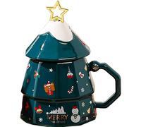 Christmas Decorations Christmas Mugs 13.5oz Ceramic Coffee Mug with Lid Tree Shape Festive Coffee Mugs with Star Top Stirring Stick for Holiday Gifting and Decor Green