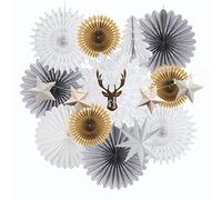Christmas Decorations Christmas Paper Fan Decorations Hanging Paper Snowflake Fans Kit with Christmas Elk Banner Garland Paper Star for Grey and White Christmas Xmas Winter New Year Party Decor
