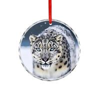 Christmas Decorations Glass Round Pendant Home Party Blue Eyed Snow Leopard Printed for Holiday Decorations Wedding Gift