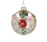 Christmas Decorations, Gold Christmas Tree Bauble with Mini Coloured Jewels Flower Pattern Bauble, Vintage Style Xmas Tree Bauble, Xmas Decoration, Floral Leaf Bauble, Gold Bauble
