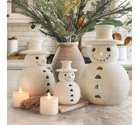 Christmas Decorations - Handmade Terracotta Snowman Figurines with LED Tea Light Candle- 1 Pack White Clay Winter Decor Holiday Rustic Unique Decor for Home Table Room Farmhouse Indoor Outdoor (S+M+L)