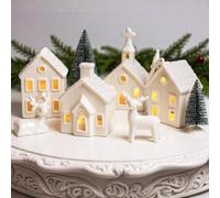 Christmas Decorations Indoor - 9 Piece Christmas Village Sets with 4 Remote Control Lighted Ceramic Houses, 2 Trees, 2 Deer & Santa - Neutral White Farmhouse Holiday Decor for Home Table Room(White)