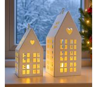 Christmas Decorations Light Houses - 2 Pcs Christmas Ornaments For Home Interior With Led Candles, Christmass Decoration Light House For Led Tealights, Christmass Table And Furniture Decoration. (A)
