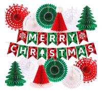 Christmas Decorations - Merry Christmas Banner with Paper Snowflake, Fan, Hat, Tree, Honeycomb Ball,Bell Hanging Decorations for Xmas Winter Home Ceiling Wall Decor