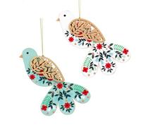 Christmas Decorations - Set of 2 Novelty Bird Baubles, Floral Pattern Xmas Tree Wooden Folk Art Painted Hanging Fantail Bird Christmas Tree Decorations, Nordic Xmas Ornaments
