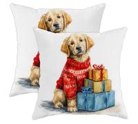 Christmas Decorative Pillow Covers Set of 2, Cute Golden Retriever with Presents Throw Pillow Case, Holiday Farmhouse Cushion Covers for Sofa Couch Bed 16x16 Inch