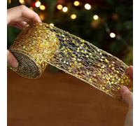 Christmas Decorative Ribbon Set - Sparkling Mesh with Glitter Sequins Wired for Edge for Bow Making Tree Trimming Wrapping 2m Length Gold/Silver/red (2-Pack)(5.8CM Gold)